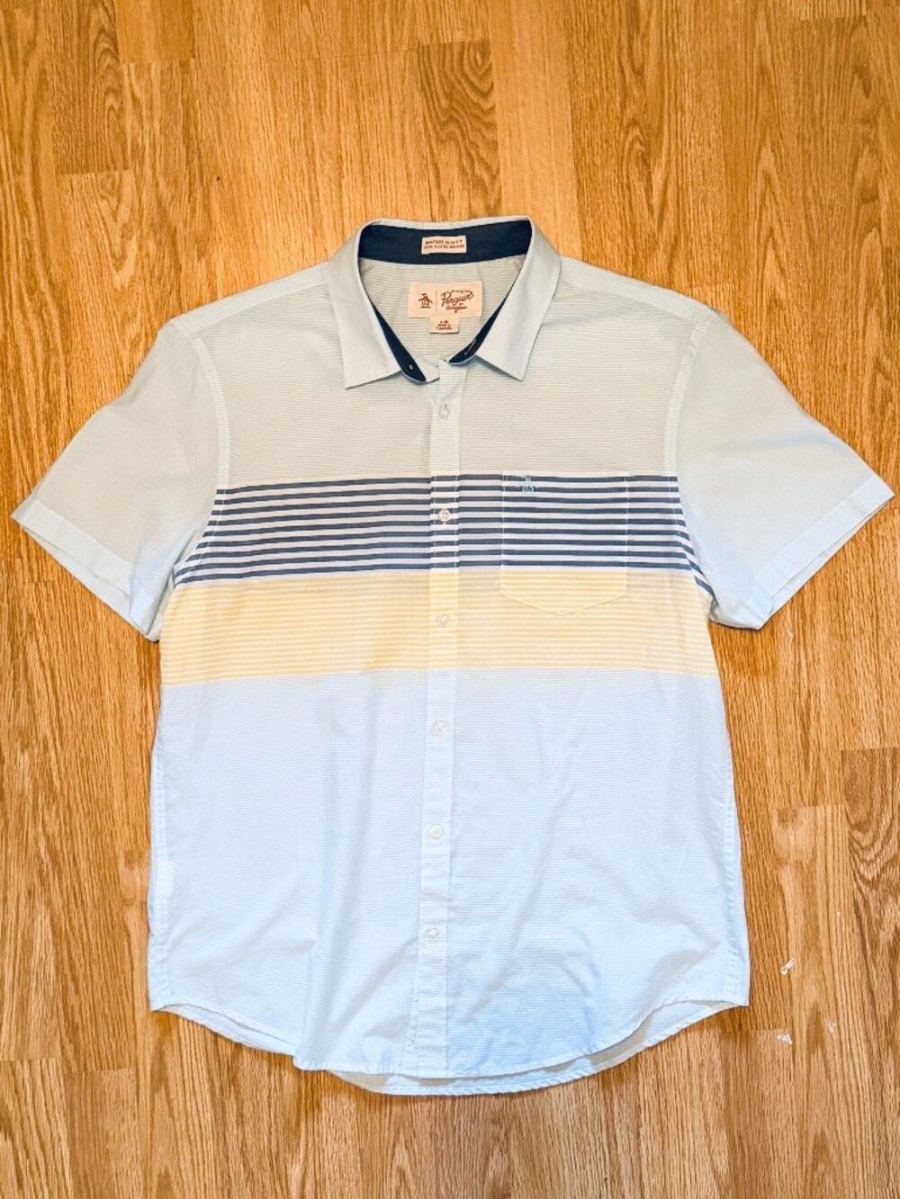 Penguin short sleeve striped button up men's shirt